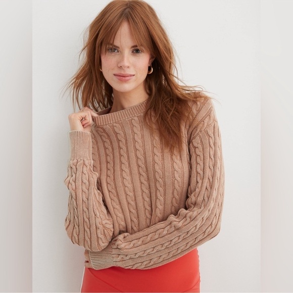 Aerie Mini Cable Cropped Crew Neck Sweater Beach Dune Size Large - Picture 1 of 11